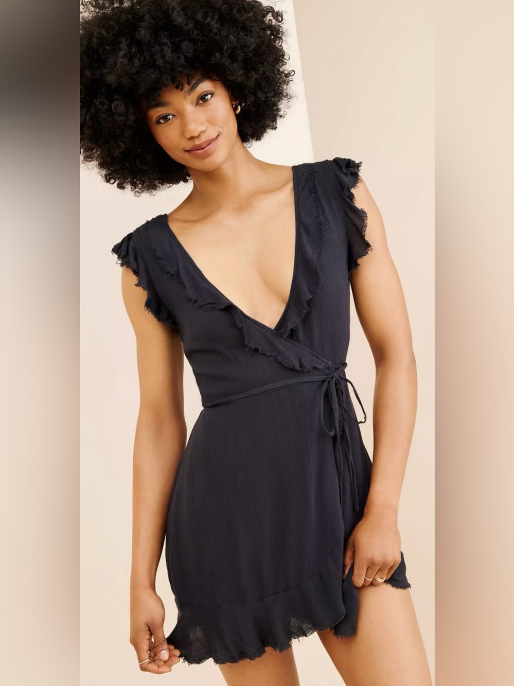 Kimchi Blue Urban Outfitters Black Wrap Mini Dress Ruffle Y2K Boho Romantic XS